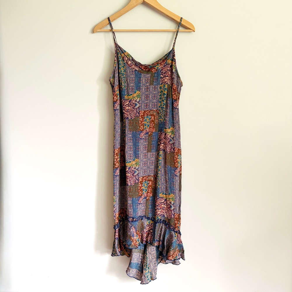 VTG 90s Scarlett Patchwork Slip Dress Size 9/10 Boho Cowl Neck Ruffle Hem